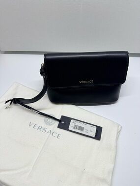 Versace Black Leather clutch with Gold Logo
